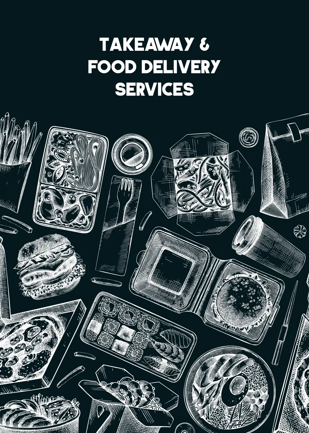 Engraved fast food restaurant flyer. Hand-drawn vector illustration on chalkboard. Burger, pizza box, paper bag, coffee cup sketch. Takeaway food or delivery menu design, poster template Illustration
